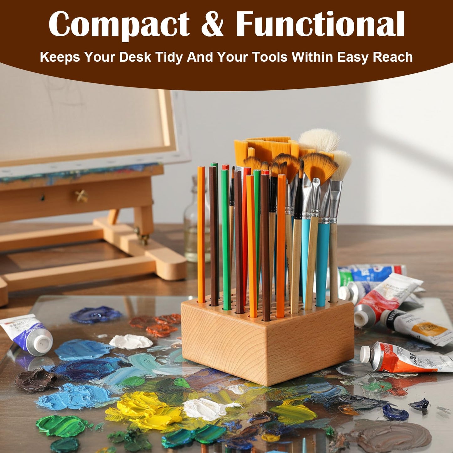 Yuanan 2 PCS Artist Paint Brush Holder, 36 Holes Wooden Paint Brush Holder Square Paintbrush Holders Large Capacity Paintbrush Organizer for Storing Painting Brushes, Makeup Brushes and Common Tools