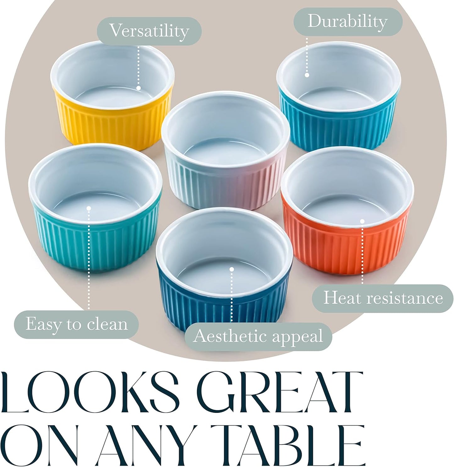 Bellemain 4 oz Porcelain Mini Bowls | Ramekins, Custard Cups, Small Baking Dish, Dipping Sauce Bowls, Set of 6 (Multi)