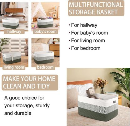 OIAHOMY Large Woven Blanket Basket - 22”x17”x12” Rectangle Storage for Nursery & Living Room | Green/White