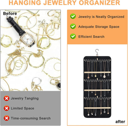 Hanging Jewelry Organizer - Double Sided with 32/48 Pockets, 14/21 Hook Loops, Foldable Travel Jewelry Roll