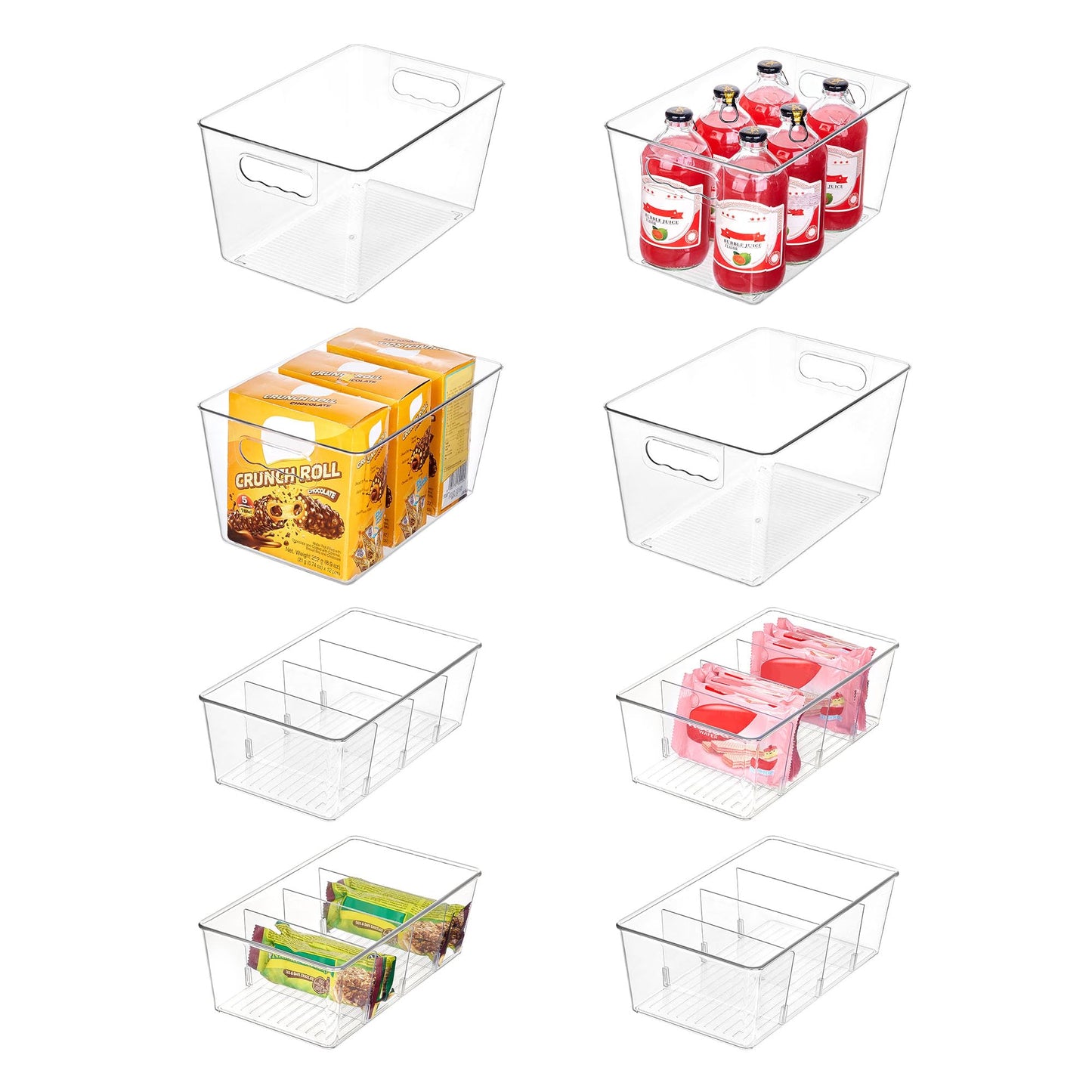 Vtopmart 8 Pack Clear Plastic Storage Bins Set, 4 Large Pantry Organizer Bins with Handle and 4 Medium Snack Organizer Bins with 4-Compartment for Pantry, Kitchen, Fridge, Cabinet Organization
