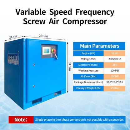 10HP 7.5KW 230V 60Hz 3-Phase Variable Speed Frequency Rotary Screw Air Compressor 39cfm Max Pressure 120 psi Commercial Air Compressed System