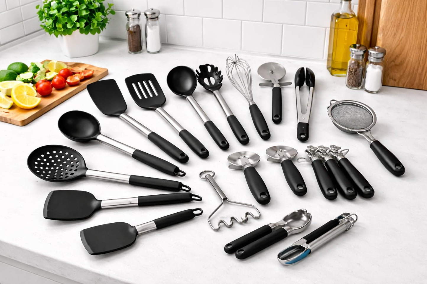 17-Piece Kitchen Utensils Set, Silicone Cooking Tools with Stainless Steel Handles, Heat Resistant Non-Stick Kitchen Set with Measuring Cups & Gadgets | SV Deals