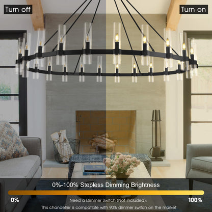 Black Wagon Wheel Chandelier 70 Inch, Large Chandeliers for High Ceilings, 24-Light Chandelier with Glass Shade, Modern Farmhouse Chandeliers for Living Room, Dining Room and Foyer(24 Bulbs Included)