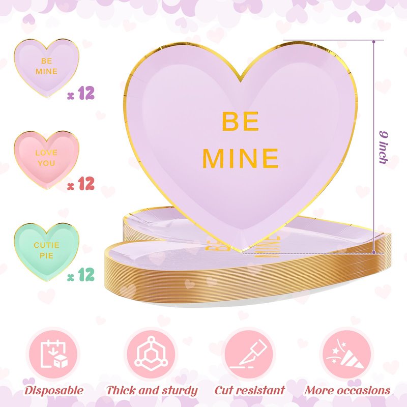 Suclain 36 Pcs Valentine's Day Heart Paper Plates 9 Inch Valentines Conversation Heart Shaped Paper Plates Disposable Candy Tableware Dinnerware for Galentine Party Favors Gifts (Green,Purple,Pink)