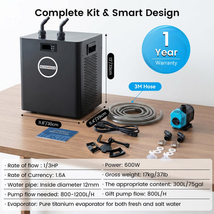 BAOSHISHAN 1/3 HP Aquarium Chiller 79 Gallons 300L Water Cooling System Set