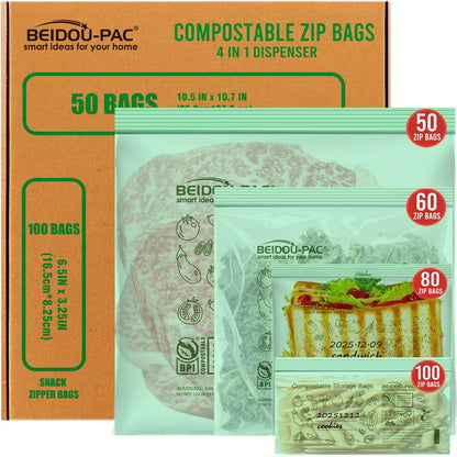 BEIDOU-PAC Compostable Combo Storage Zip Bags, 290 Count Resealable Variety Pack with Organizer, Reclosable Biodegradable Eco-Friendly Compost Snack, Sandwich, Quart, Gallon Assorted Size Bags
