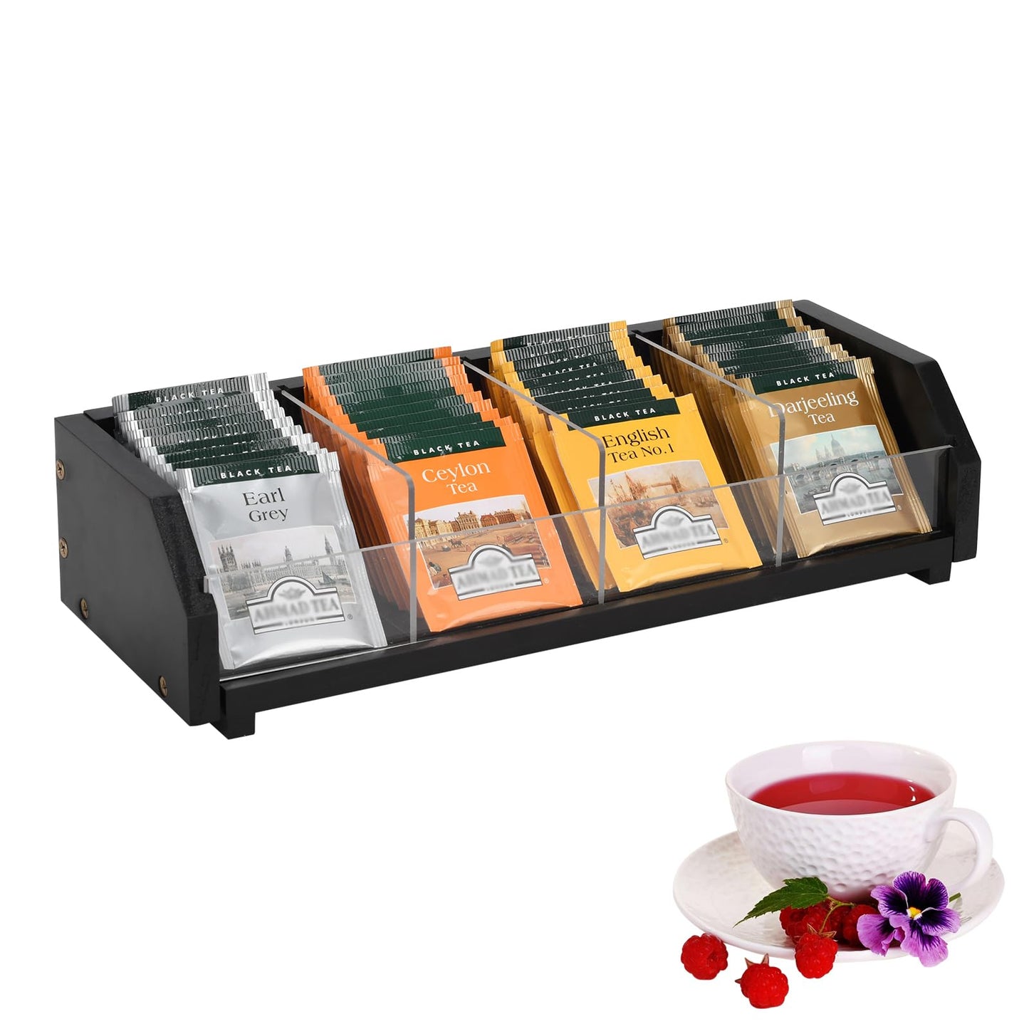 Tea Bag Holder Organizer Box with 4 Compartments, Pine Wood and Acrylic, 13.5 x 4.9 x 3.1 inches for Drawer, Cabinet, Countertop, Tea Tray (Black)