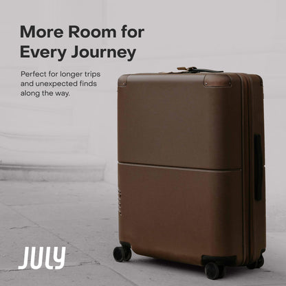 July Checked with CaseSafe - 24.5" Built in Tracking, Airline Approved Check In Luggage with Wheels, Spinner Suitcase for Men & Women - Rolling Suitcase, Spinner Wheels, Y-Strap - Dark Brown