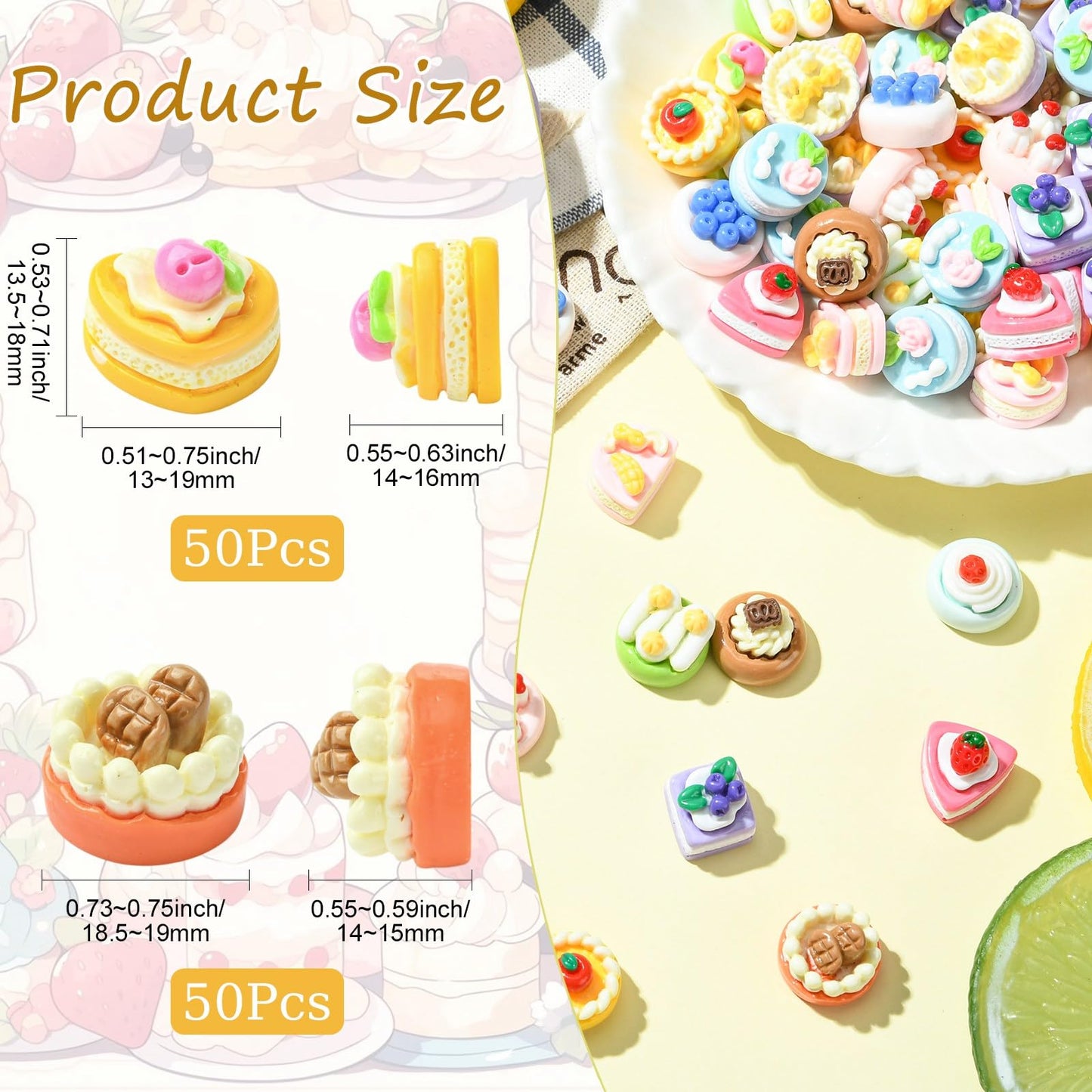 LiQunSweet 100 pcs Mixed Styles Miniature Figurines Imitation Cake Resin Ornament Mini Dessert Food No Hole Beads Display for DIY Jewelry Embellishment Craft Home Office Desk Decor