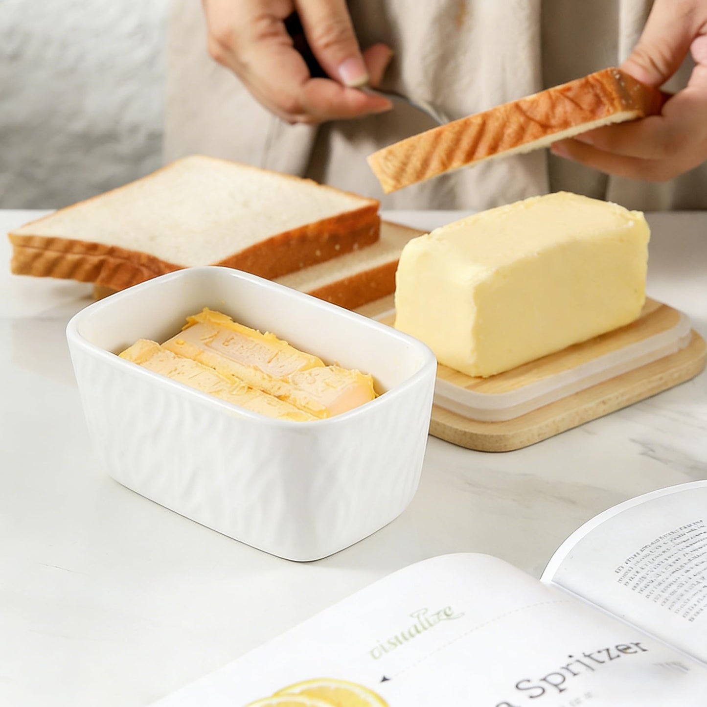 KOOV Porcelain Large Butter Dish with Lid, Airtight Butter Container with Oak Lid, Perfect for 2 Sticks, Texture Series (White)