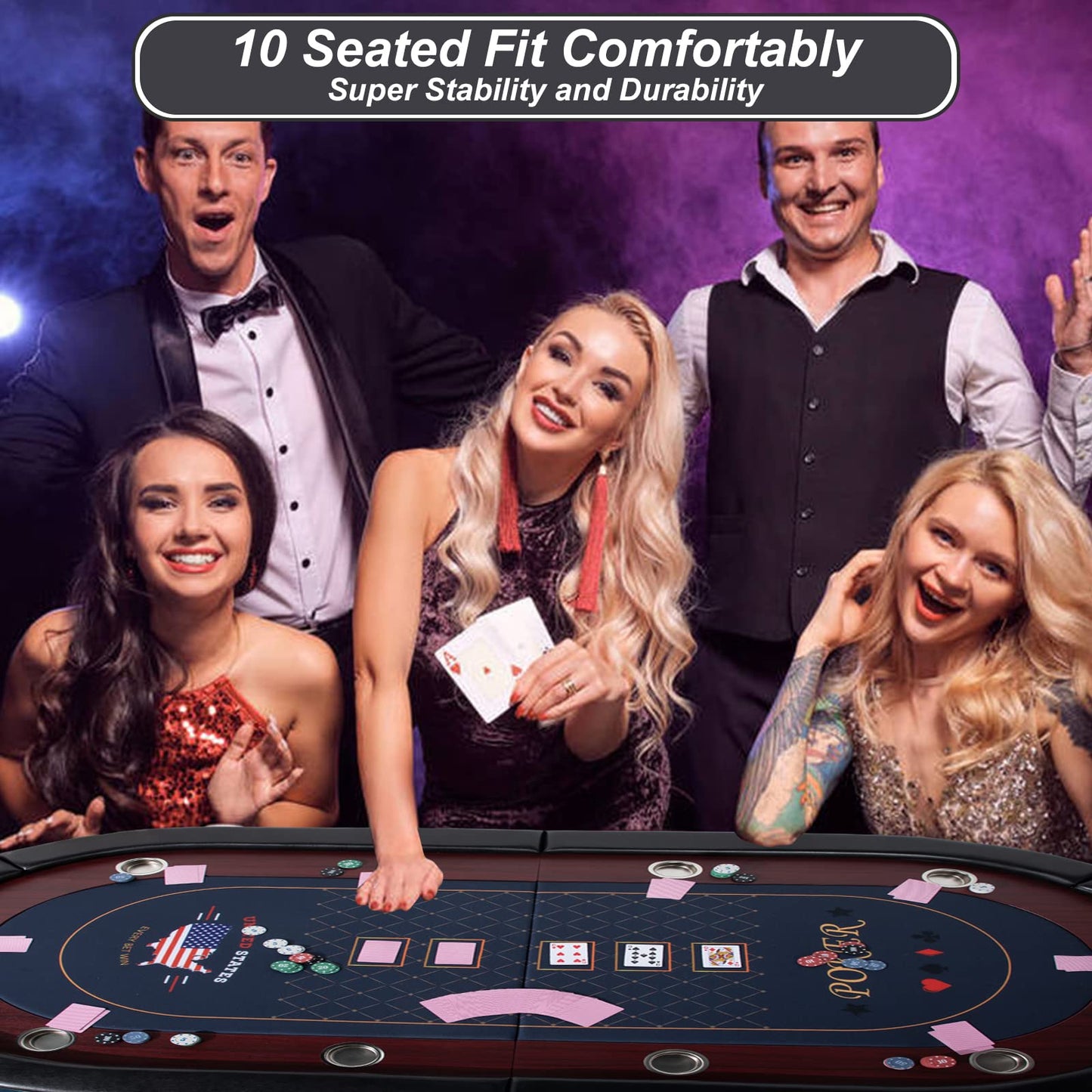 REAHOISY 10 Player Foldable Poker Table, 86" Large Professional Folding Texas Holdem Poker Card Table, Portable Casino Table for Game Room with Padded Rails & Cup Holders