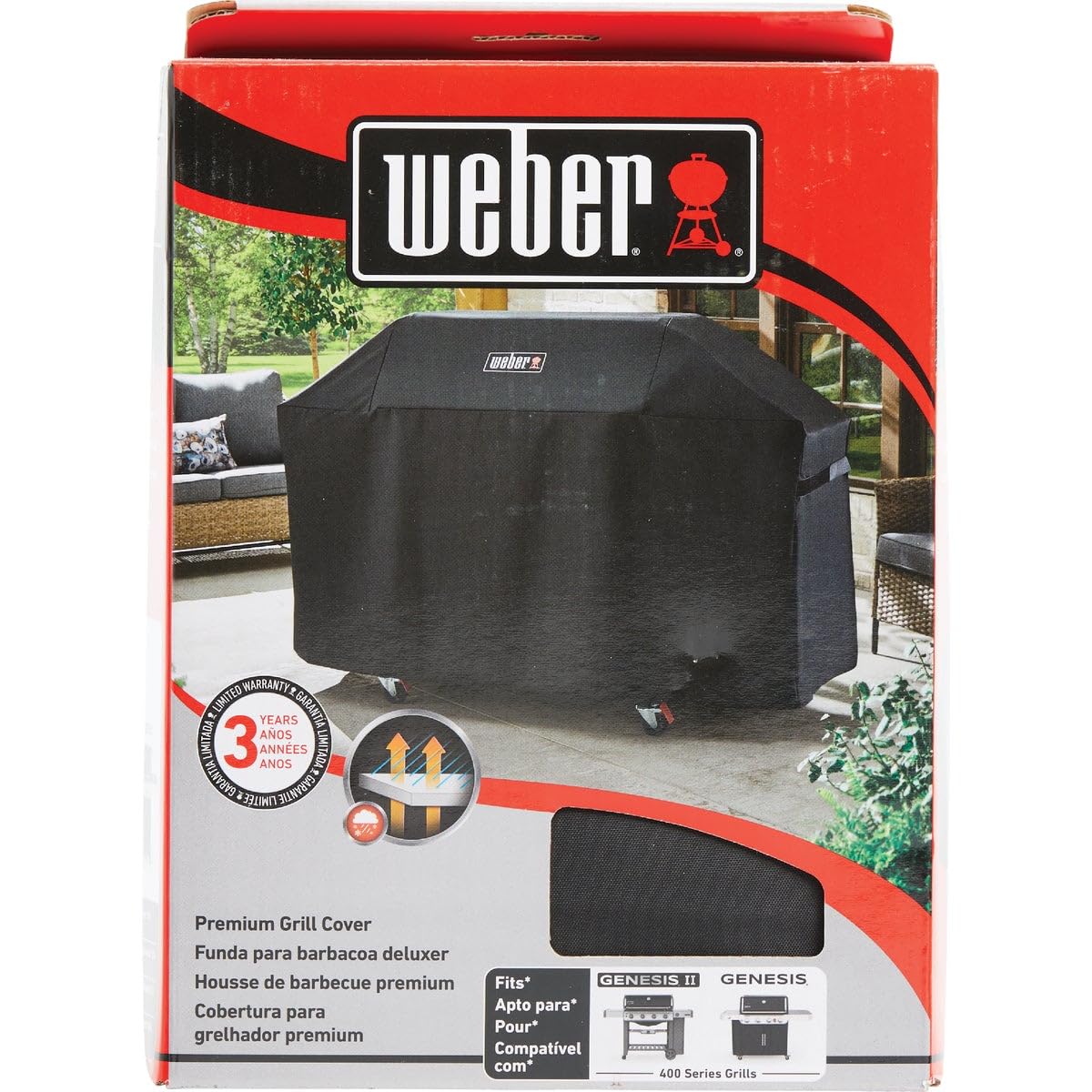 Weber Premium Outdoor Grill Cover – Water‑Resistant, Durable Black Grill Cover Designed for Genesis 400 Series 4‑Burner Gas Grills with Secure Fastening Straps