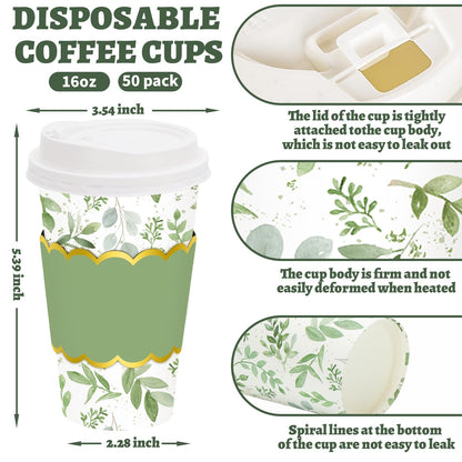 JarThenaAMCS 50 Pcs Greenery Coffee Cups with Lids Sleeves 16 Oz Green Eucalyptus Leaves Paper Cups Disposable To Go Coffee Cup for Wedding Cafes Shops Cappuccino Chocolate Beverage Cocoa