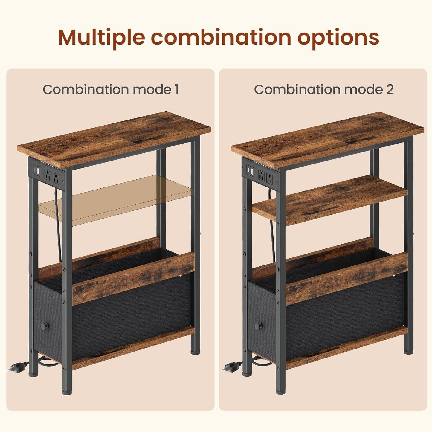 1 Creso hom Narrow Side Table with Charging Station and LED Light, End Table with Fabric Drawer, Skinny Nightstand