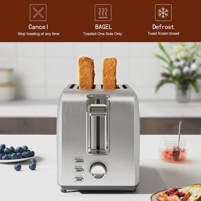 Runnatal 2 Slice Toaster, 100% Stainless Steel, Multifunctional with 7 Toast Settings, Defrost, Bagel, Cancel Functions