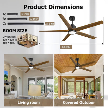 60 Inch Ceiling Fan with Lights, Outdoor Wood Silent Ceiling Fans, Modern High CFM Farmhouse Ceiling Fans, Quiet Reversible DC Motor, 5 Blades 6 Speed for Bedroom Living Room Exterior Patios