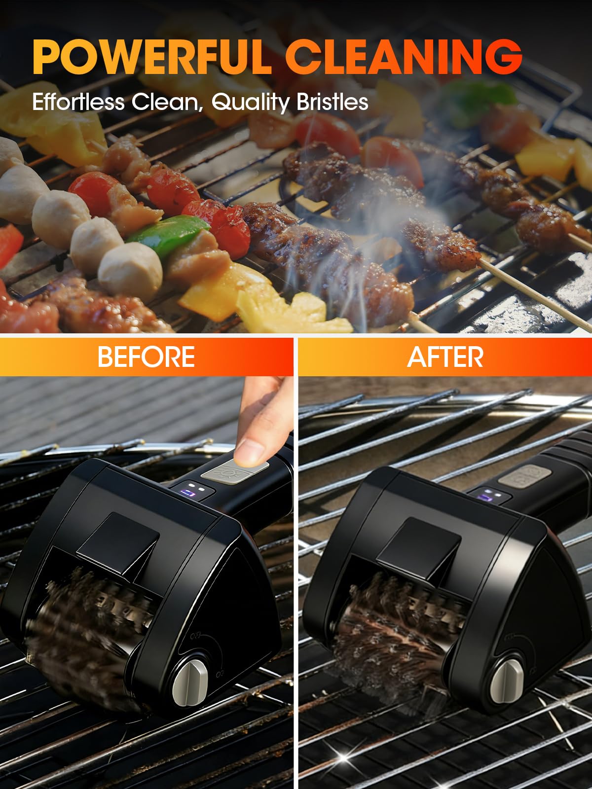 Electric Grill Brush, Cordless Rechargeable BBQ Cleaner, 2-Speed Control, 304 Stainless Steel Removable Brush Head for BBQ Grates & Outdoor Grills