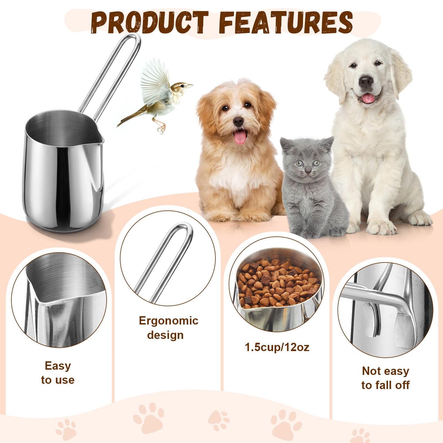 Zonon 2 Pieces 1.5 Cup Dog Food Metal Scoop 12 oz / 1.5 Cup Stainless Steel Measuring Cups with Wire Design Handle Durable Dog Cat Food Metal Scoop for Kibble or Seed Easy-clean, Rust-resistant