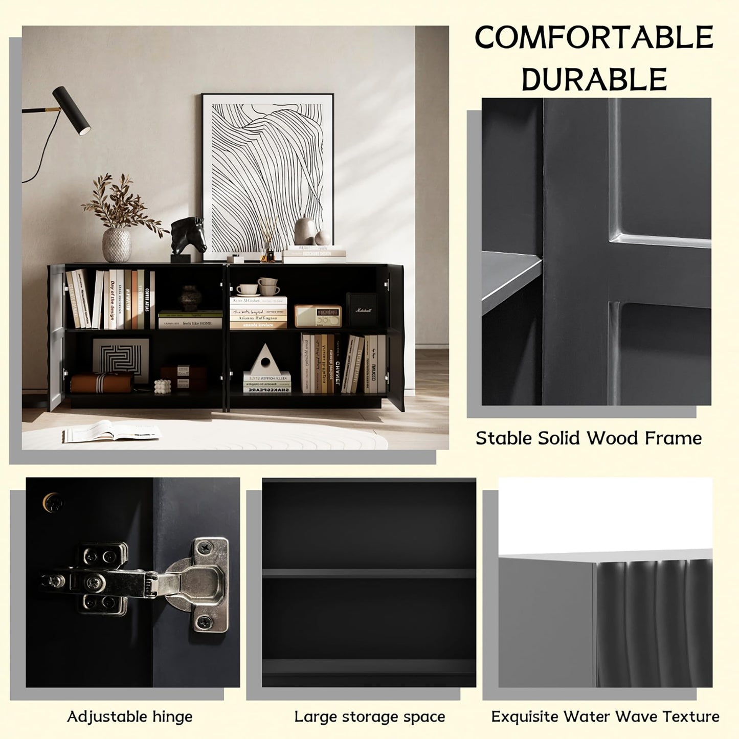 GDFStudio 59" Modern Buffet Sideboard Cabinet, Artistic 3D Texture Storage Cabinet with 4 Doors, Freestanding Credenza Buffet for Living Room Dining Room Kitchen Large Countertop Coffee Bar, Navy Blue