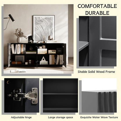 GDFStudio 59" Modern Buffet Sideboard Cabinet, Artistic 3D Texture Storage Cabinet with 4 Doors, Freestanding Credenza Buffet for Living Room Dining Room Kitchen Large Countertop Coffee Bar, Navy Blue