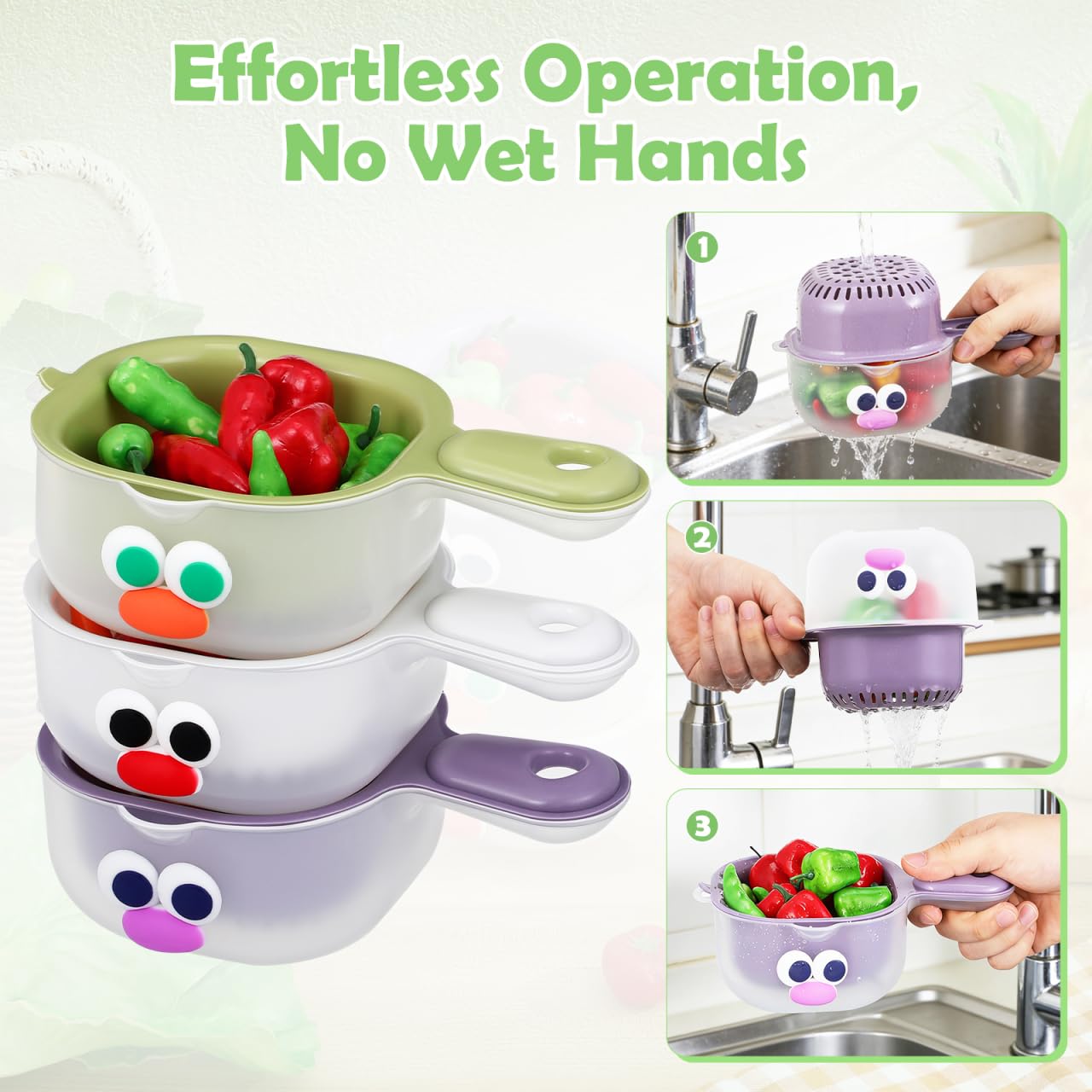 PRETYZOOM 3-Pack Fruit Washing Bowls with Drain Basket and Handle Stackable Kitchen Colanders for Efficient Fruit and Vegetable Washing and Draining 7.87X4.72X2.75 Inch