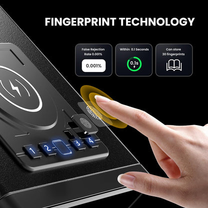 Biometric Smart Safe with Wireless Charging for Phone and Watch, Quick Access with Backlit Keypad,Auto Open Drawer Gun Lock Box with Humidity,Temperature, Digital Clock,LED Screen 1PCS