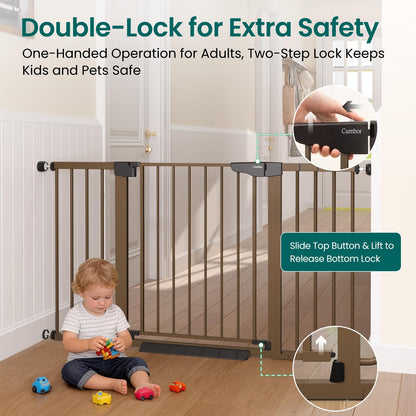 Cumbor 30-54" Extra Wide Baby Gate for Stairs, Dual Lock & Self-Closing Dog Gate Indoor, Easy Install Pet Gate for Doorways, Hallways & Kitchen, Easy Walk Thru Safety Proofing for Babies & Pets, Brown