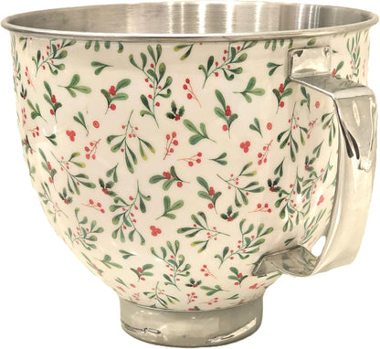 Biscuitique Stainless Steel Mixer Bowl with Stunning Floral Holly Berry Pattern Compatible with Kitchen Aid Tilt-Head 4.5 Quart and 5QT Stand Mixer