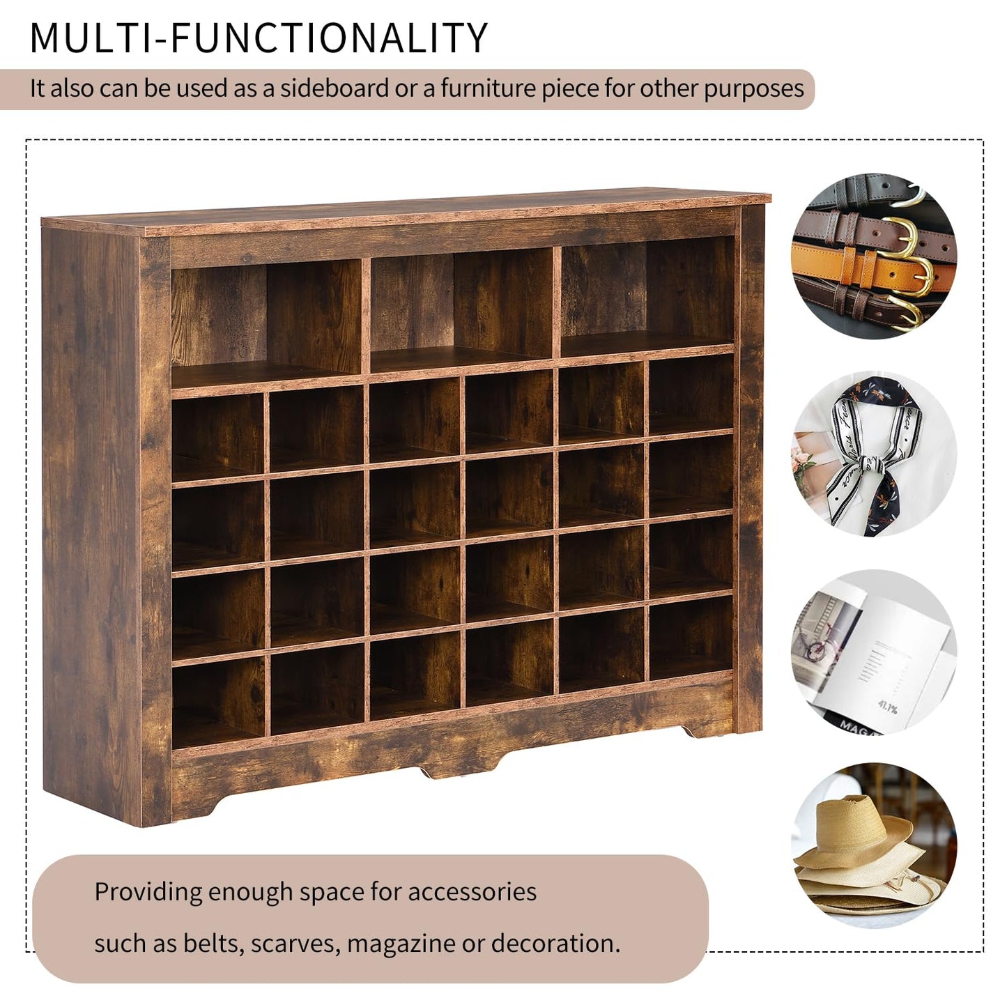Merax Sleek Design 24 Shoe Cubby Console, Modern Storage Cabinet with Curved Base, Versatile Sideboard for Hallway, Bedroom, Living Room, Rustic Brown
