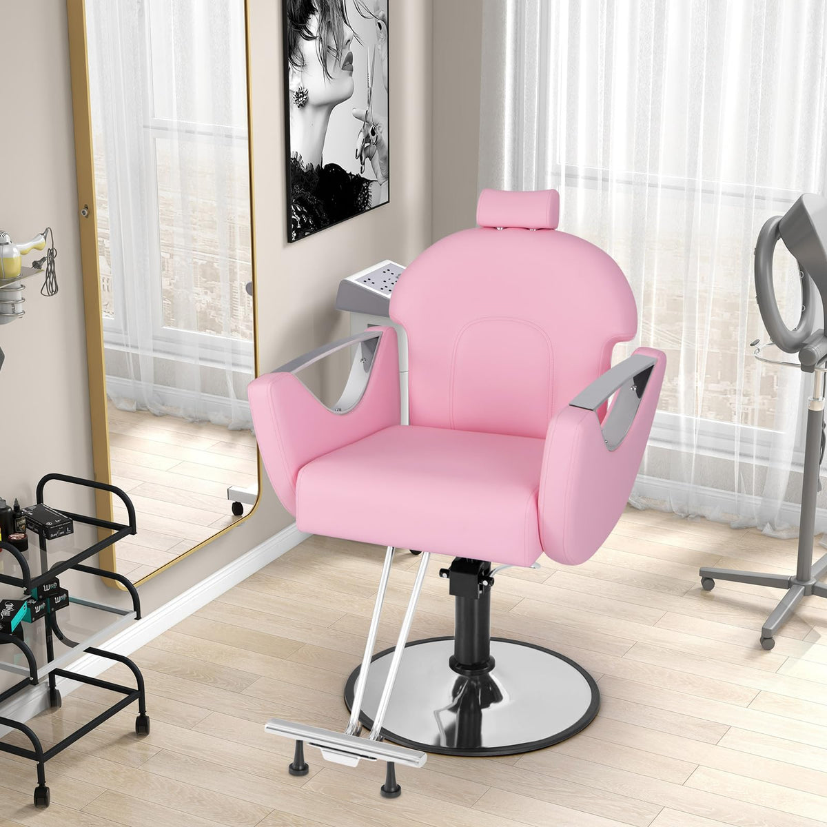 Giantex Reclining Barber Chair - Salon Chair for Hair Stylist, 360 Degrees Swivel, Adjustable Height & Headrest, Heavy Duty Hydraulic Pump, Hair Styling Chair for Makeup Facial Waxing Tattoo (Pink)