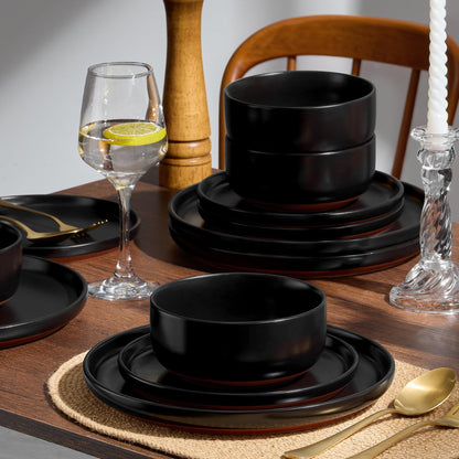 E-far 12-Piece Stoneware Plates and Bowls Sets, Dinnerware Sets for 4, Ceramic Dishware Dishes Set with Terracotta Base, Chip & Scratch Resistant, Microwave & Dishwasher Safe, Matte Black