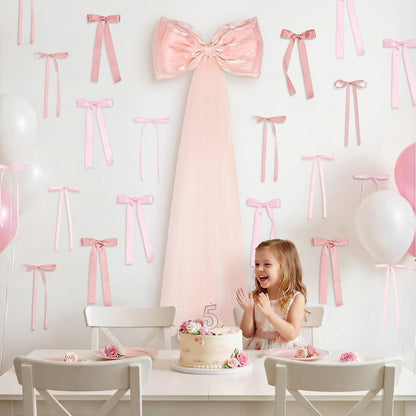 Skiennix 13Pcs Large Pink Pearl Silk Satin Bow Set - 17x55 Inch Giant Bow & 12 Small Satin Bows for DIY Decor