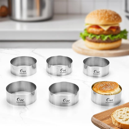 Guowall 6pcs Hamburger Bun Ring Mold, Seamless Thickened 4 inch Nonstick Crumpet Rings Stainless Steel Burger Mould, Cake Rings for Fried Eggs, Pancakes and Cookie for Baking