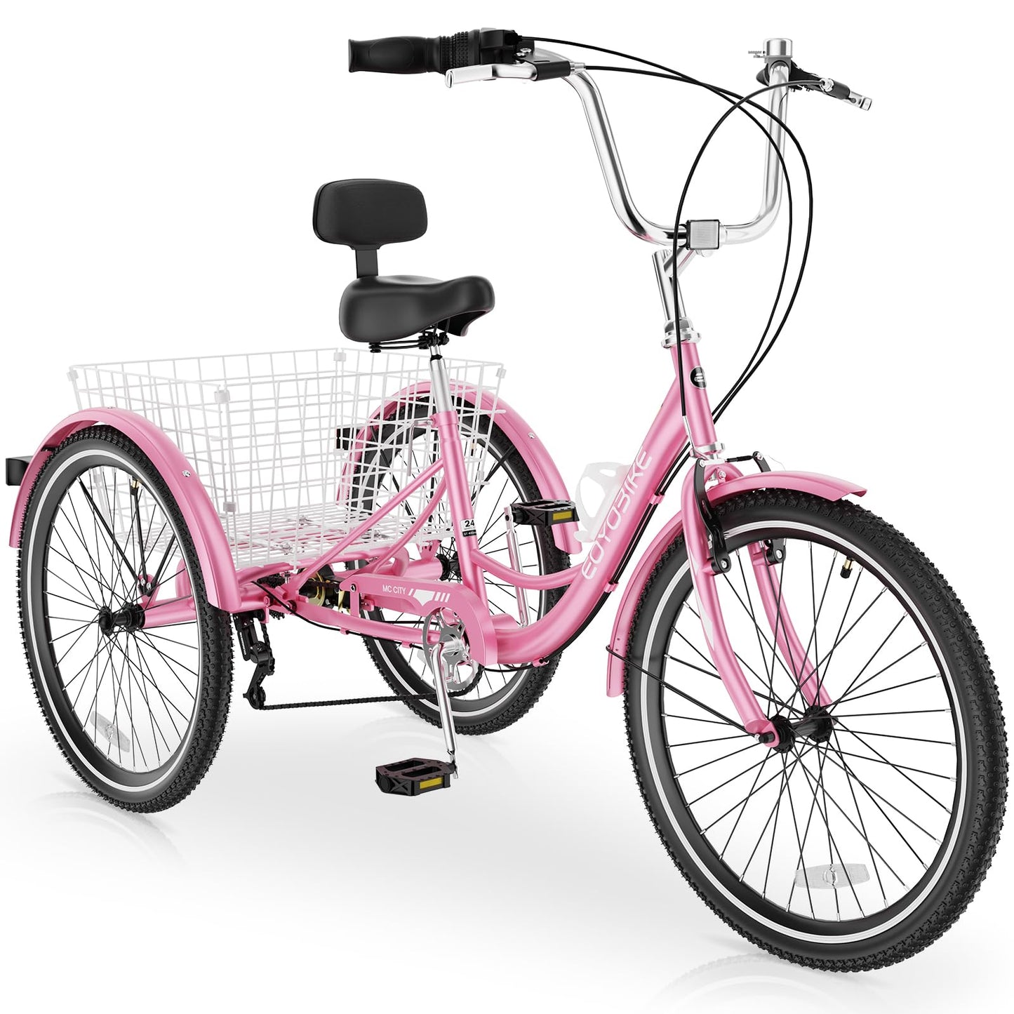 MOPHOTO Adult Tricycle 7 Speed, 20/24/26 Inch Low Step-Through Adult Trike with Large Rear Basket, 350 lbs Capacity 3 Wheel Bike for Seniors, Women and Men