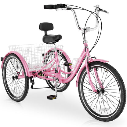 MOPHOTO Adult Tricycle 7 Speed, 20/24/26 Inch Low Step-Through Adult Trike with Large Rear Basket, 350 lbs Capacity 3 Wheel Bike for Seniors, Women and Men