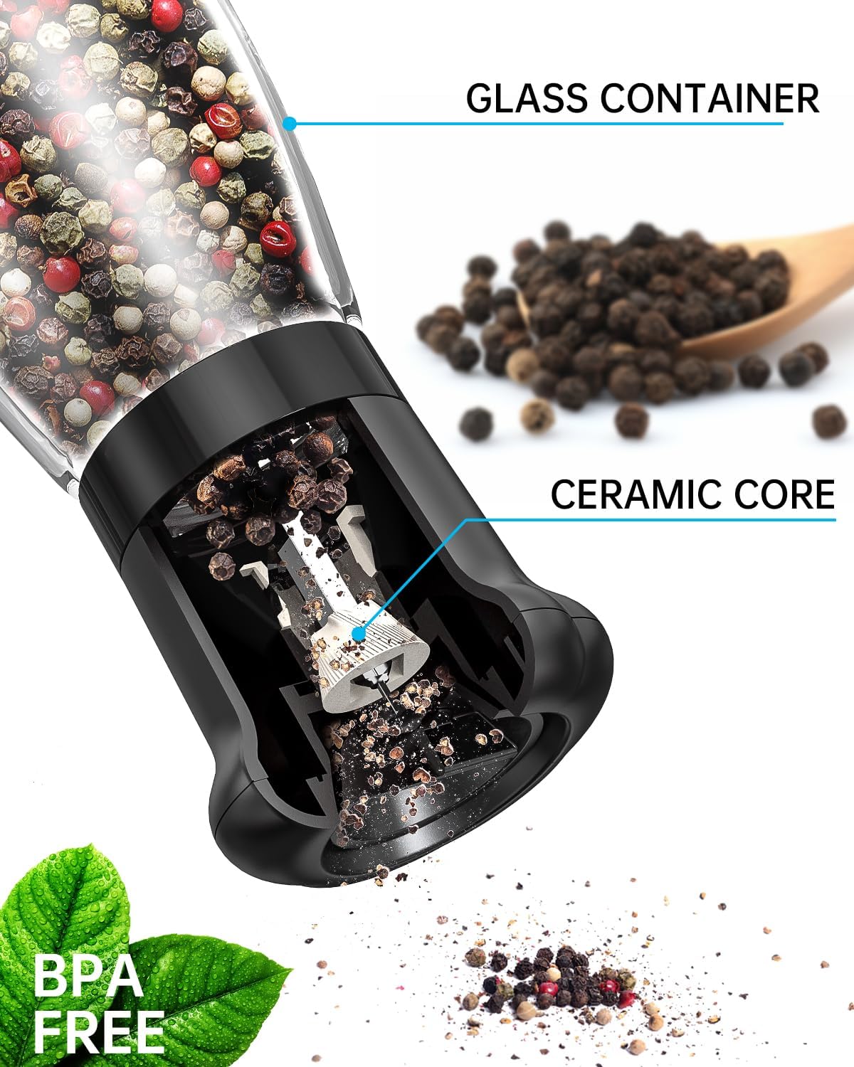 CIRCLE JOY Manual Salt and Pepper Grinder Set - Refillable Shakers with Ceramic Blades, Adjustable Coarseness, BPA-free