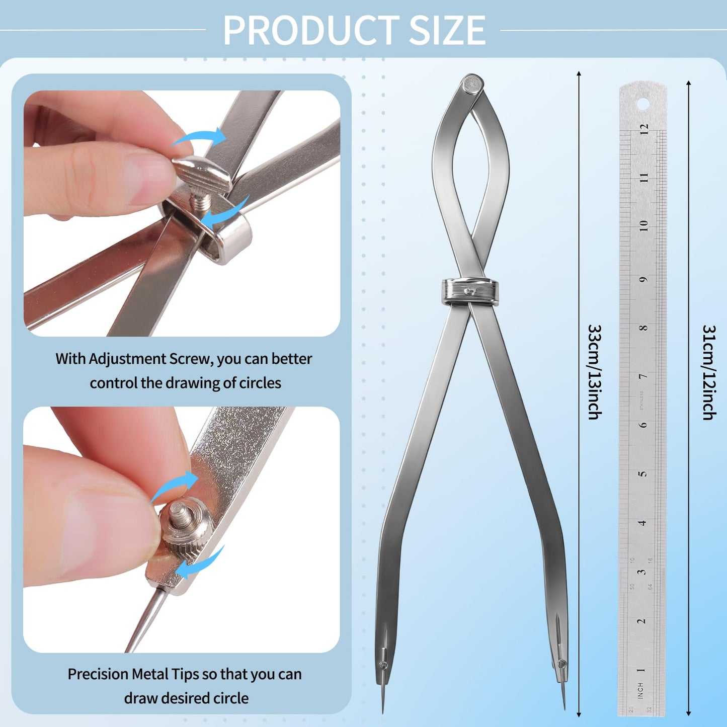 Radius Divider Tool 20" in with Bonus 12" Stainless Steel Ruler, Heavy Duty Wing Divider Scriber Marking Tool for Metalworking & Woodworking - Upgraded Lock Nut Design with Replaceable Sharp Points