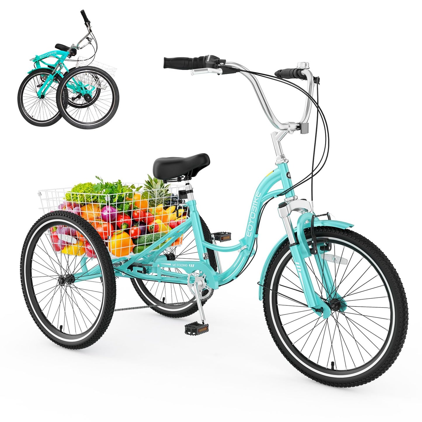 EOYOBIKE Adult Folding Tricycle, 7-Speed 3-Wheel Cruiser Bike with Low Step-Through Frame, Large Rear Basket, Adjustable Seat, 20/24/26 Inch Options