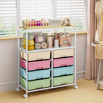 Rolling cart with 8 drawers,Storage drawer cart with wooden tabletop,Lockable wheels organizer for homeschool, arts & crafts, classroom, office & creative spaces (Colorful)