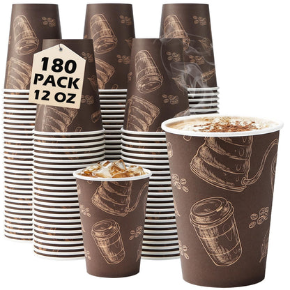 Huifany Coffee Cups 12 oz Paper Cups 180 Pack, Thickened Paper Coffee Cups Disposable 12 oz Coffe Cup, Hot/Cold Beverage Drinking Cup for Office, Home, Party