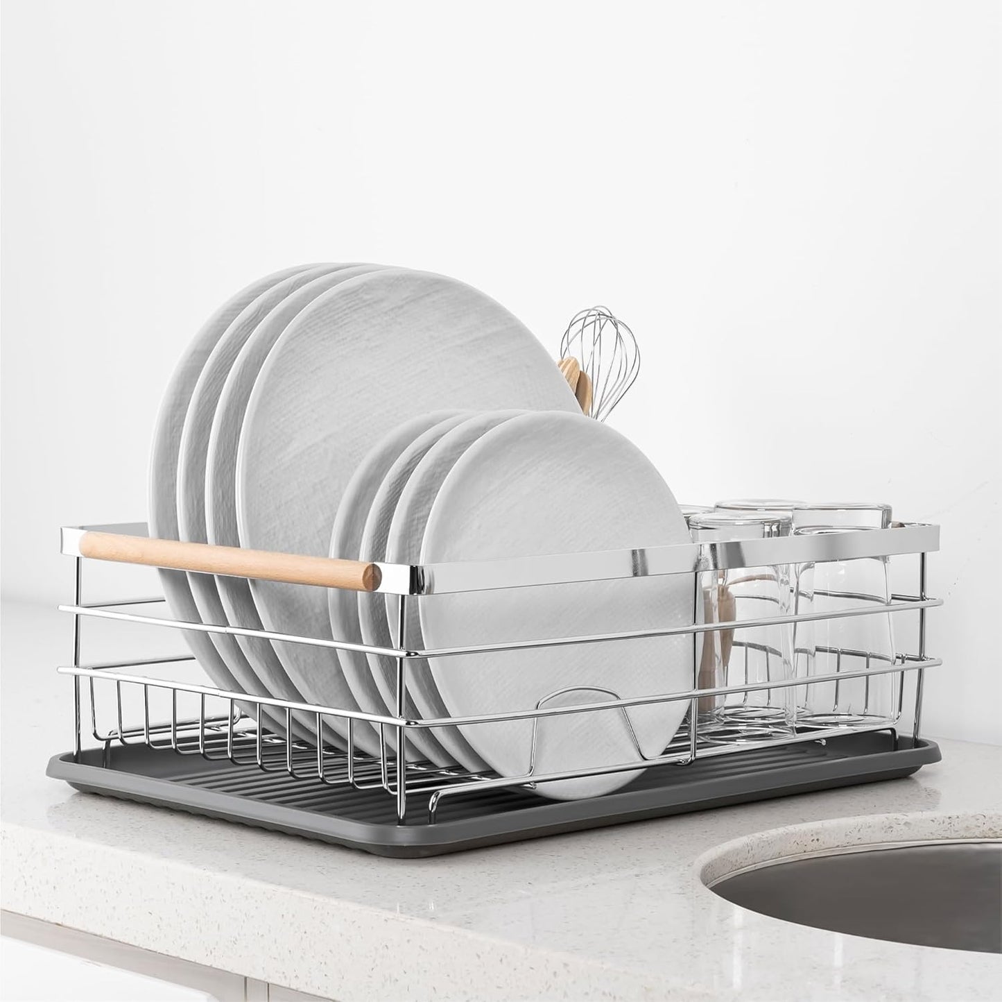 Navaris Compact Dish Rack with Drip Tray & Cutlery Holder, Easy to Assemble and Clean, Silver