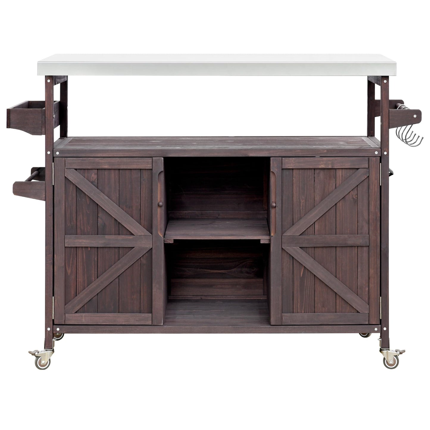 YOPTO Outdoor Kitchen Island Cart with Internal Storage Racks,Solid Wood Outdoor Grill Table W/Stainless Steel Top,4 Secure Locking Wheels,4 Hangers and Bottle Opener for Kitchen & BBQ,Dark Brown