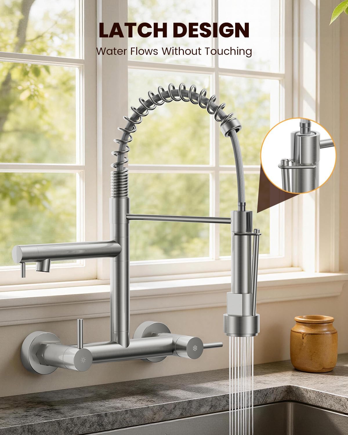 BLYLUND Wall Mount Kitchen Faucet with Pull Down Sprayer, Stainless Steel 8 Inch Center Commercial Sink Faucets 2 Handle Utility Sink Tap High Arch for Kitchen Laundry Restaurant, Brushed Nickel