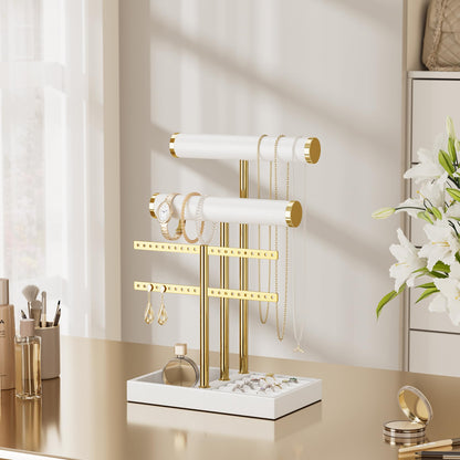 bussdis 3 Tier Bracelet Holder Display - White Leather Bracelet Holder, Detachable T Bar Jewelry Holder Organizer for Bracelet, Necklace, Earrings, Rings, Watches, Bangle