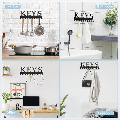 Black Key Holder Wall Mount, Decorative Key Rack Organizer with 10 Hooks, Metal Adhesive Keychain Holder