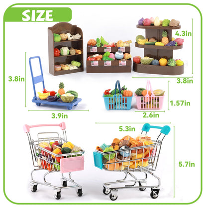 Mini Shopping Cart Basket, Miniature Grocery Toys 3 Supermarket Shelves Play Store 100+ Fruit Vegetable Cake Bread Mini Food Miniature Dollhouse Accessories with Push Cart