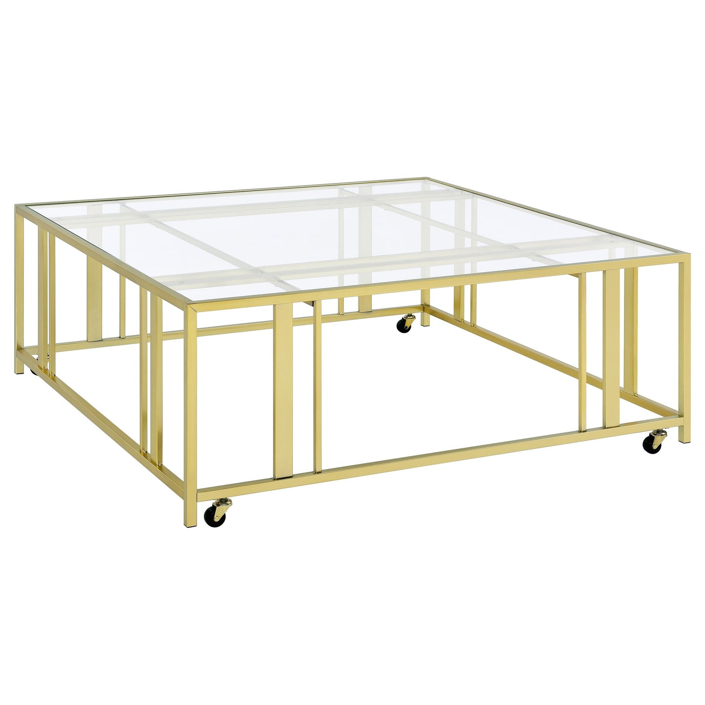 Coaster Home Furnishings - Adri - Square Glass Top Coffee Table with Geometric Base and Mobile with Rolling Casters - Contemporary - Living Room - Matte Brass - 710188