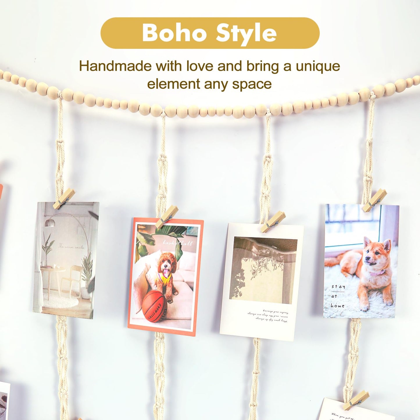 KLOGTSIND Macrame Hanging Photo Display Boho Wall Decor, Picture Christmas Card Holder with String Lights, Photo Hanger with 50 Clips for Room, Dorm, Nursery, Home Decor, Teenage Teen Girl Gifts