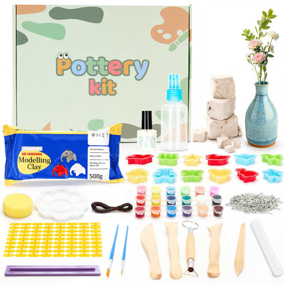 Bafeil Air Dry Clay for Adults & Beginners, 43PCS Pottery Kit Beginners Clay Kits, DIY Craft Set with Clay-Tools-Kit, White Dry Clay, Paints, Brushes, How-to-Guides, Gift for Birthday Family Party